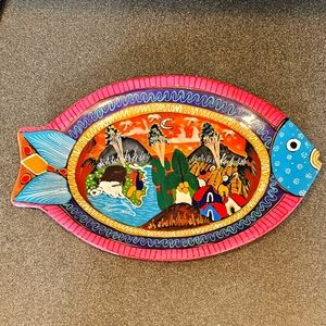 Hand Painted Fish Platter Pink Turquoise & Green Color